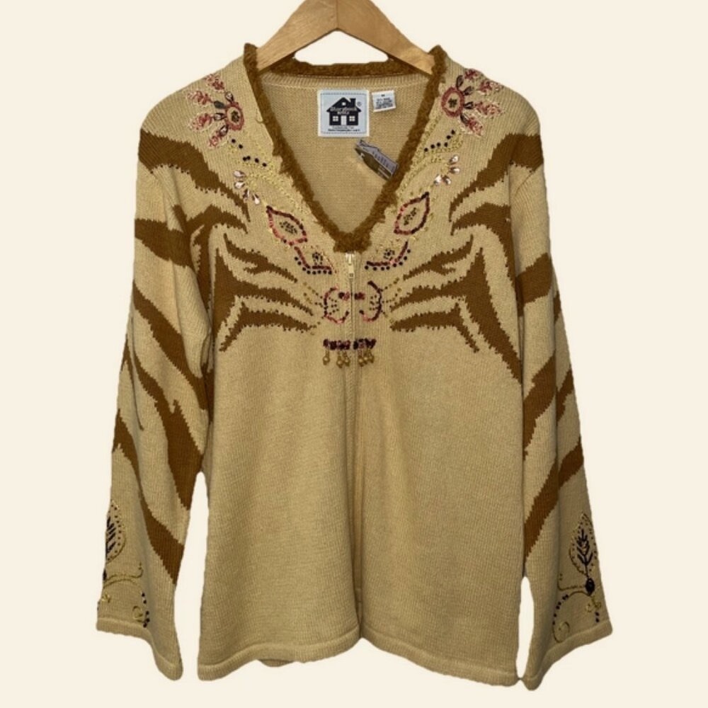 Y2K Storybook Knits Cardigan Sweater Medium Zip Up Giraffe Embroidered NWT
